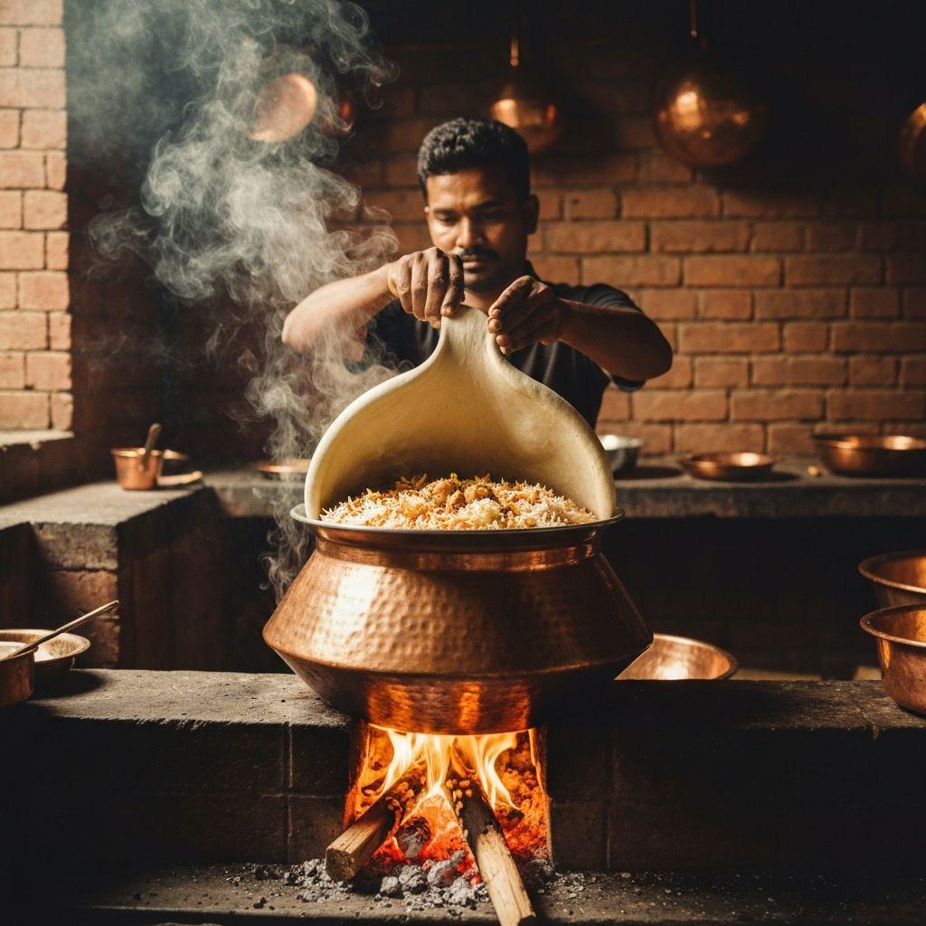 Traditional Dum cooking process with sealed handi pot over charcoal